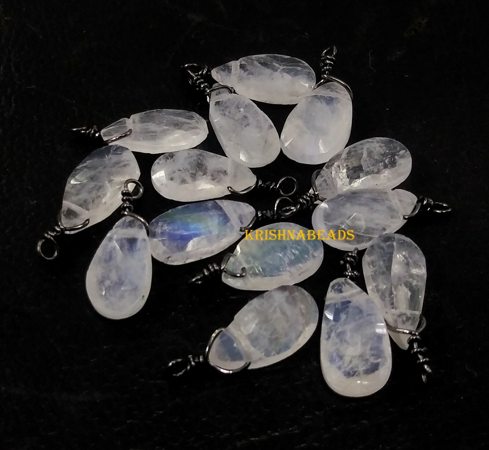 Natural Rainbow Moonstone Pear 6×9-6x10mm Beads Black Plated Wire Wrapped 25Pecs