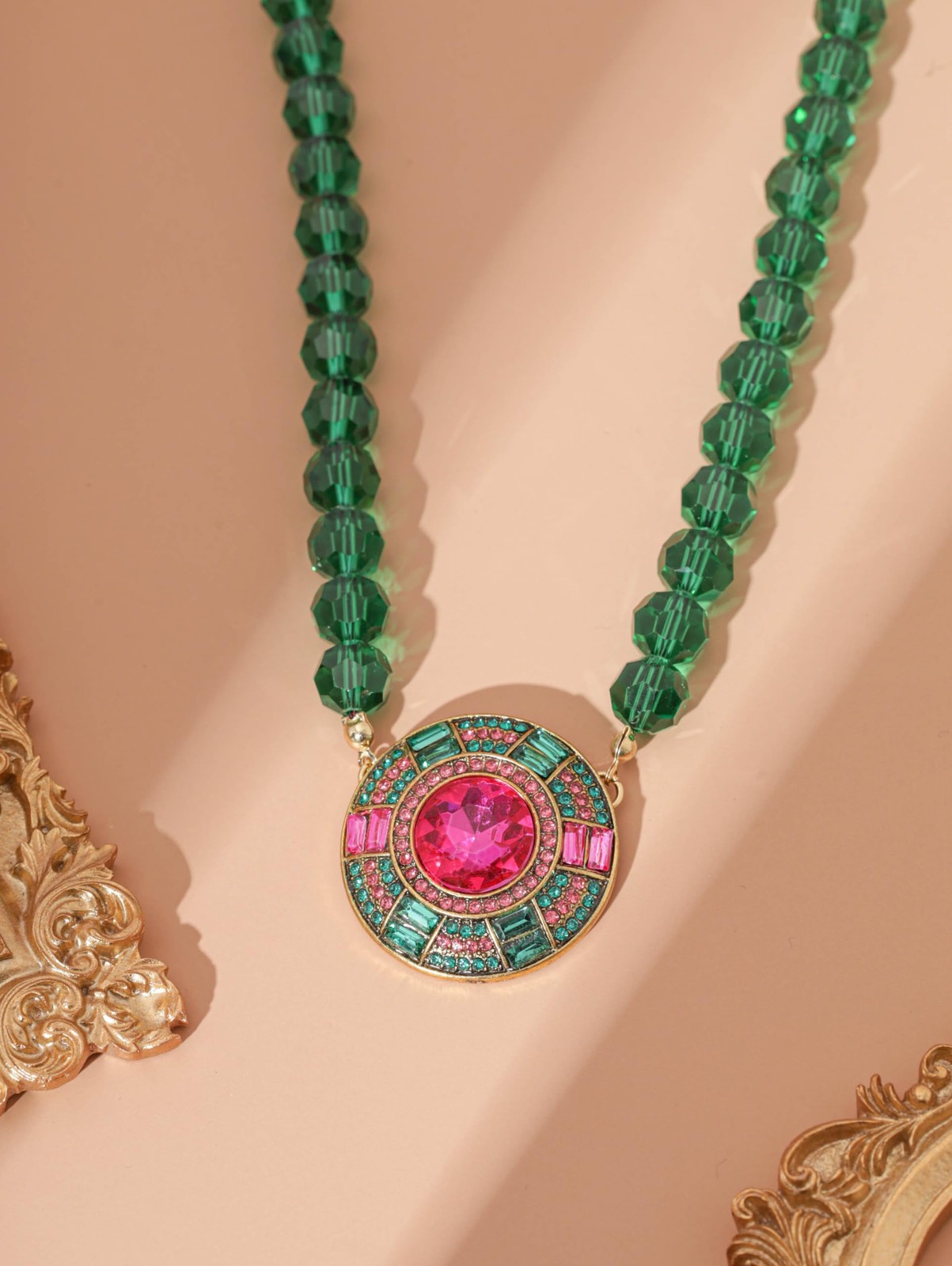Statement Sparkling Green Pink Chunky Bib Charm Cluster Necklace for Wome