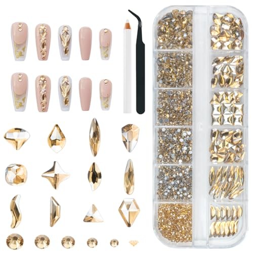 qiipii 2052Pcs Champagne Gold Nail Rhinestones 72 Multi B Set Champagne Golden