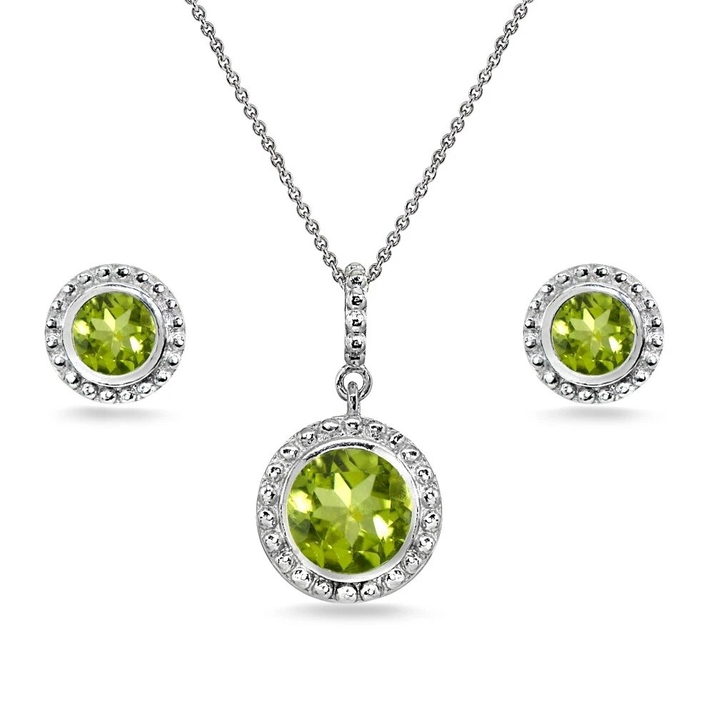 6mm Round Peridot Halo Bezel-Set 925 Silver Pendant Necklace & Stud Earrings Set