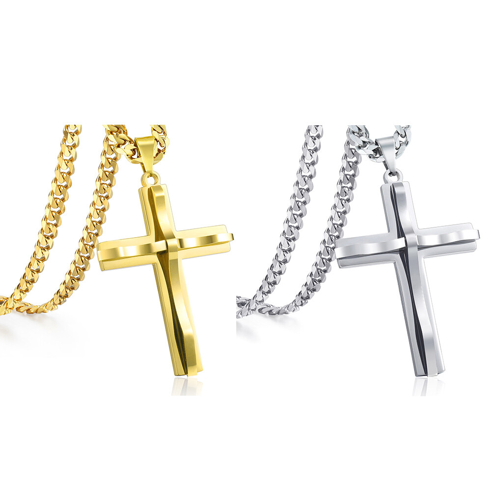 Mens Womens Stainless Steel Curb Chain Necklace w Cross Pendant Silver Gold