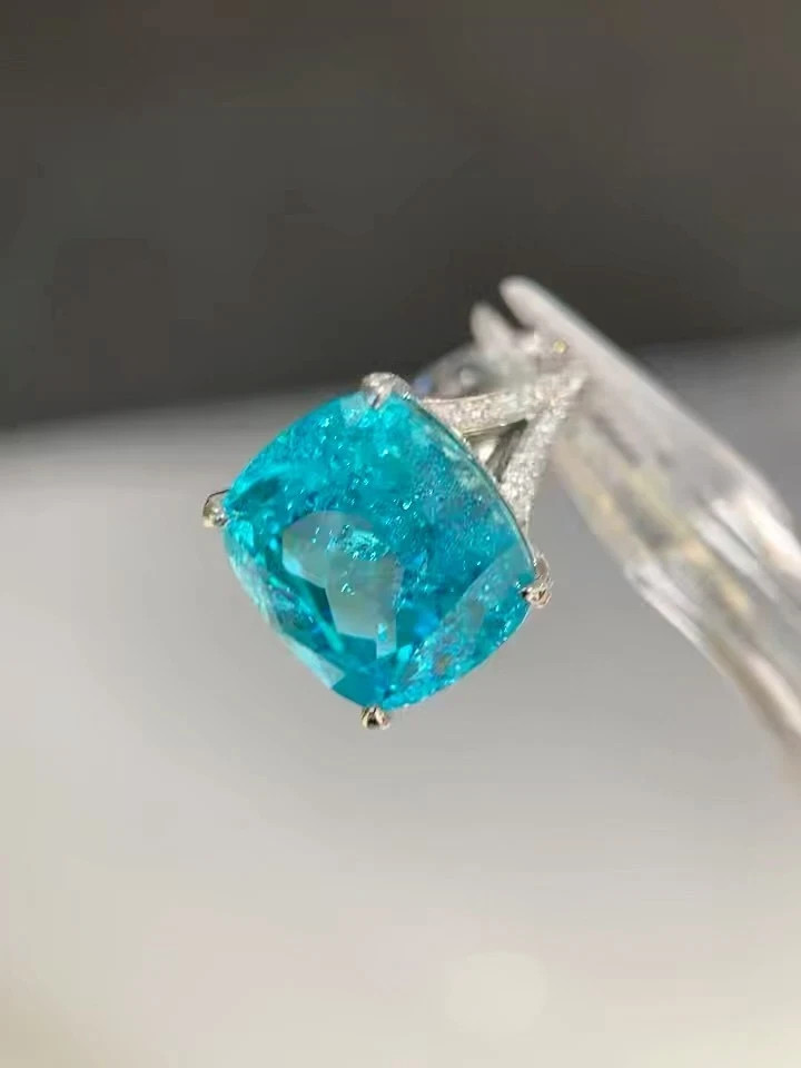 5.59 CTW Premium Cushion Paraiba Tourmaline & Diamond Ring Solid 18K White Gold