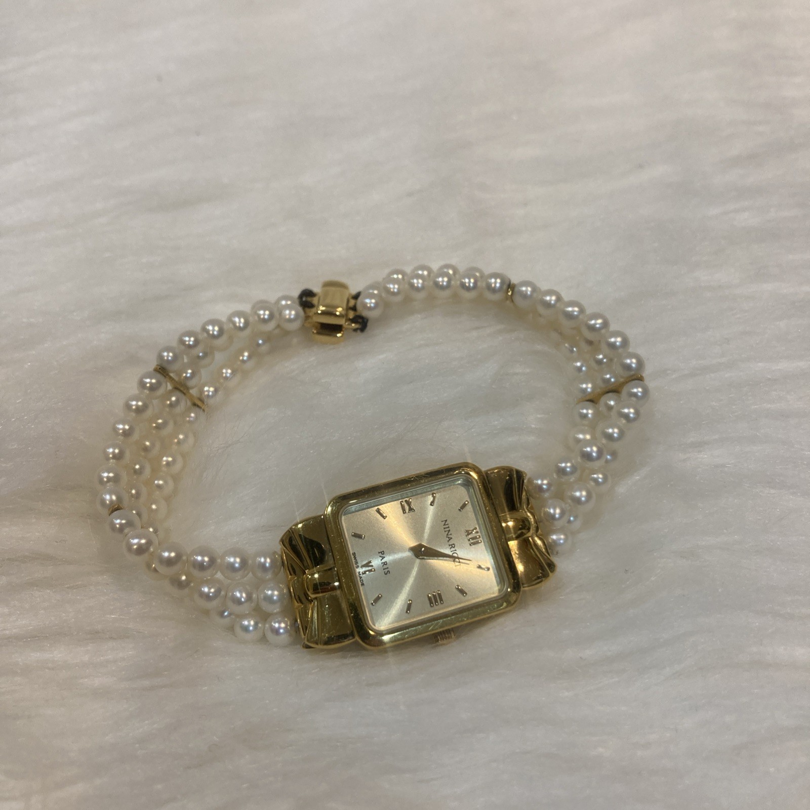 Nina Ricci Ladies Pearl Bracelet Watch Akoya S950 Quartz Battery Replaced 16cm