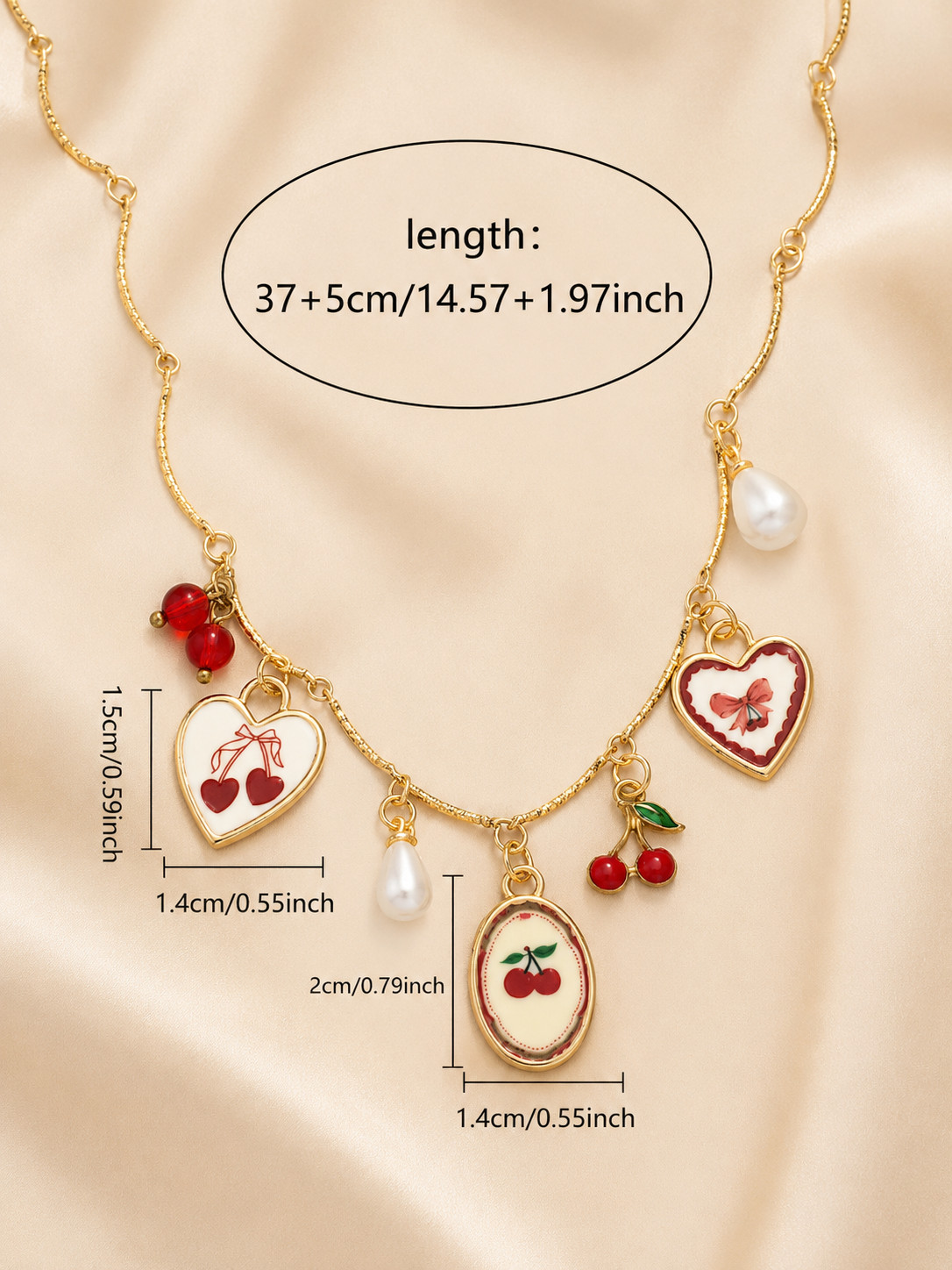 Cute Cherry Charm Necklace Gold Tone Y2K Coquette Pearl Heart Pendant Necklace