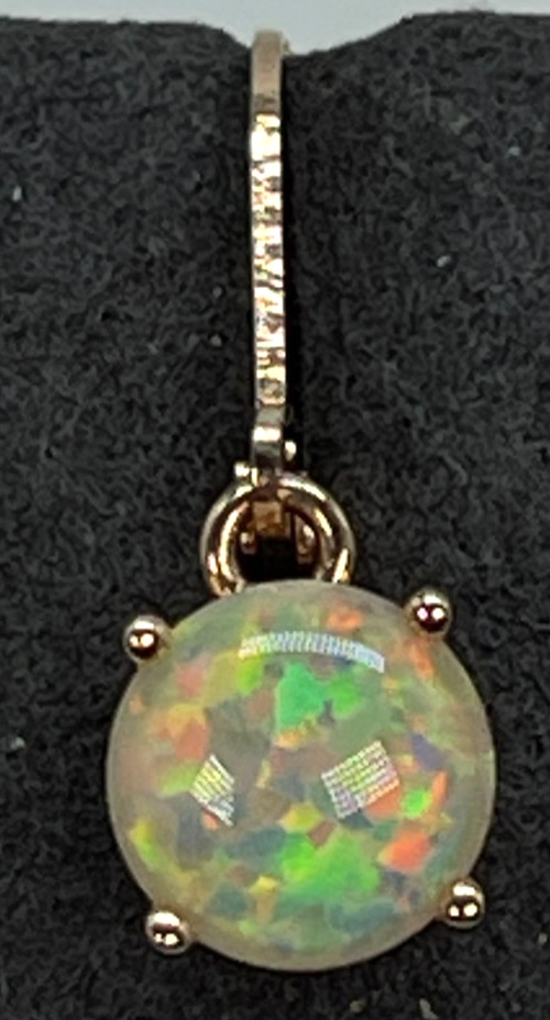 Earrings. Rose Gold Tone White Multicolor Reflective Opal Leverback w/1″ Drop
