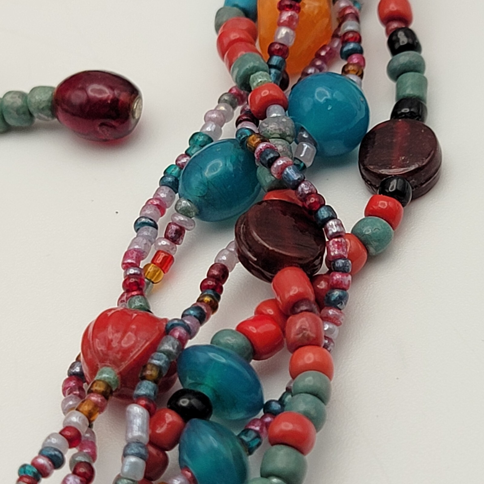 Multicolor Glass Stone And Seed Bead Multi Strand Necklace And Earrings Set 20″