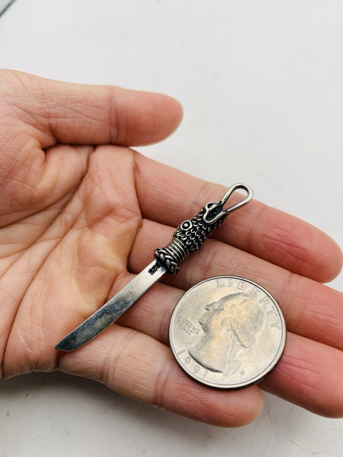 Vintage Sterling Silver 925 Asian Dragon Animal Dagger Knife Sword Charm Pendant