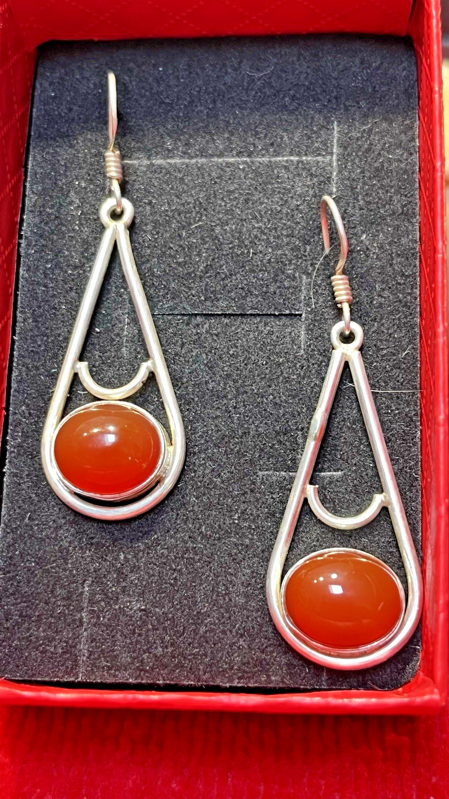 Vtg Sterling Silver 925 Teardrop Outline & Lge Cabochon Carnelian Stone Earrings