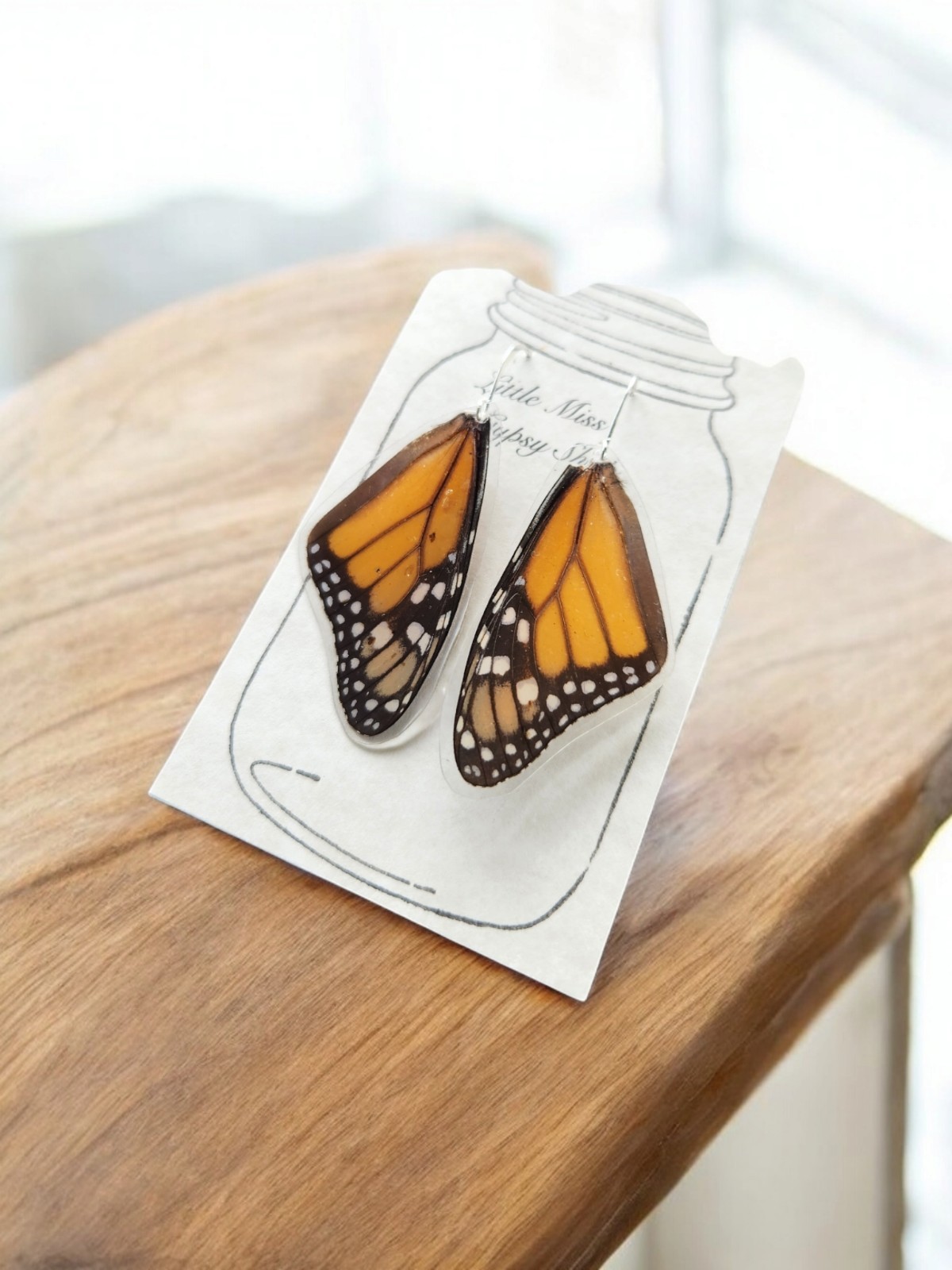 Real Monarch Butterfly Wing Earrings, Resin Coated, Sterling Silver, Taxidermy
