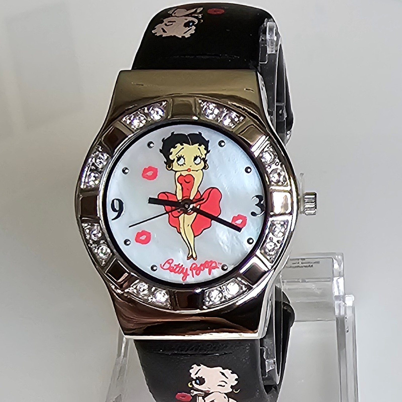NOS Betty Boop “Marilyn Monroe” Crystal MOP Dial Black Leather Watch New Battery