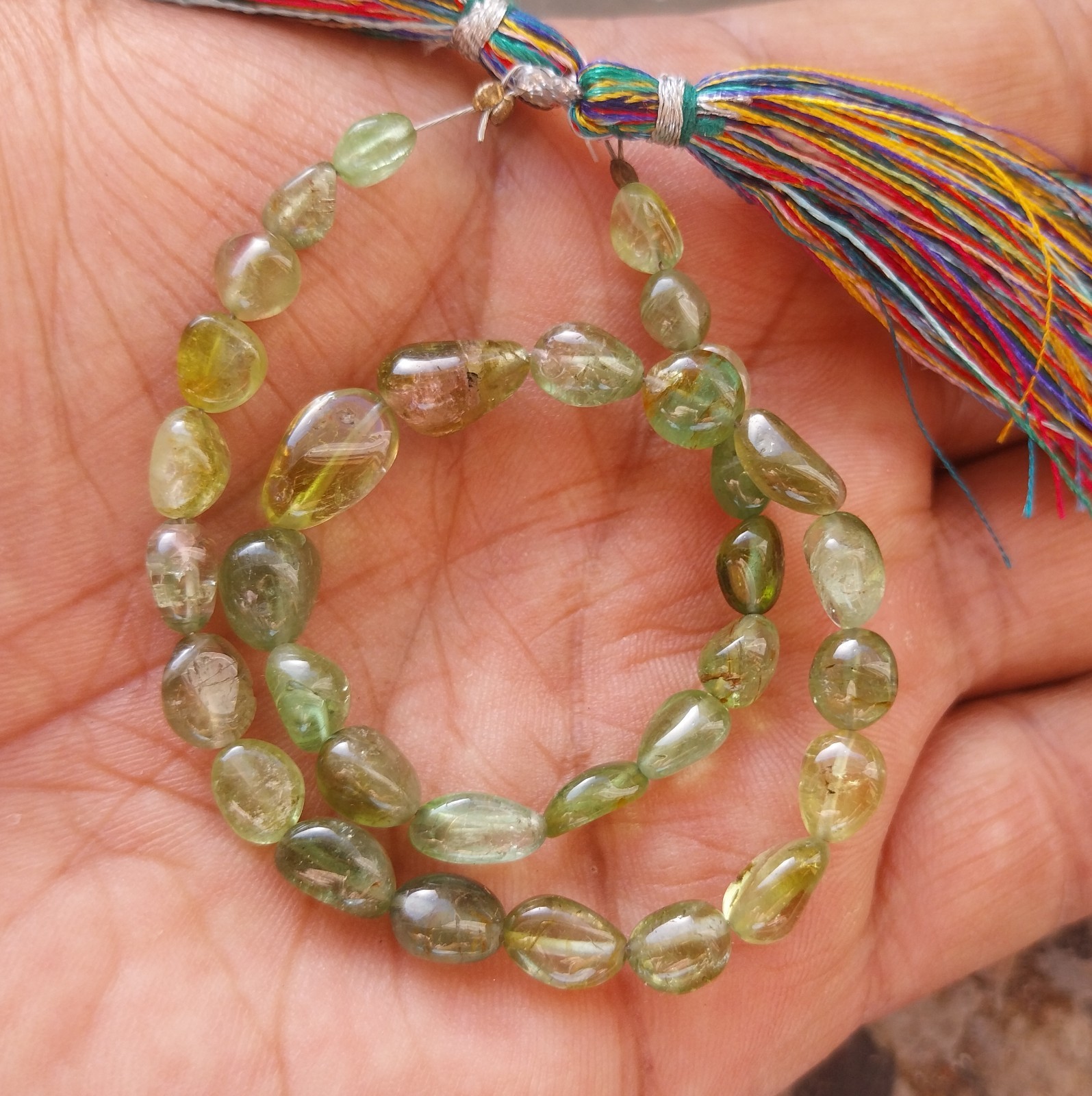 56 Carat 5×6 to 6.5×7 MM Natural Green Bi Color Tourmaline Tumble 10 Inch Beads