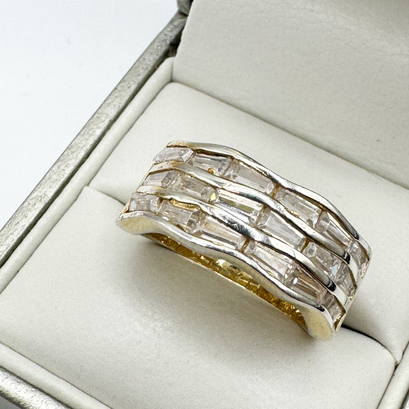 Elanza 925 Sterling Silver Gold Vermeil Baguette Cut Ring Size O Plated Band