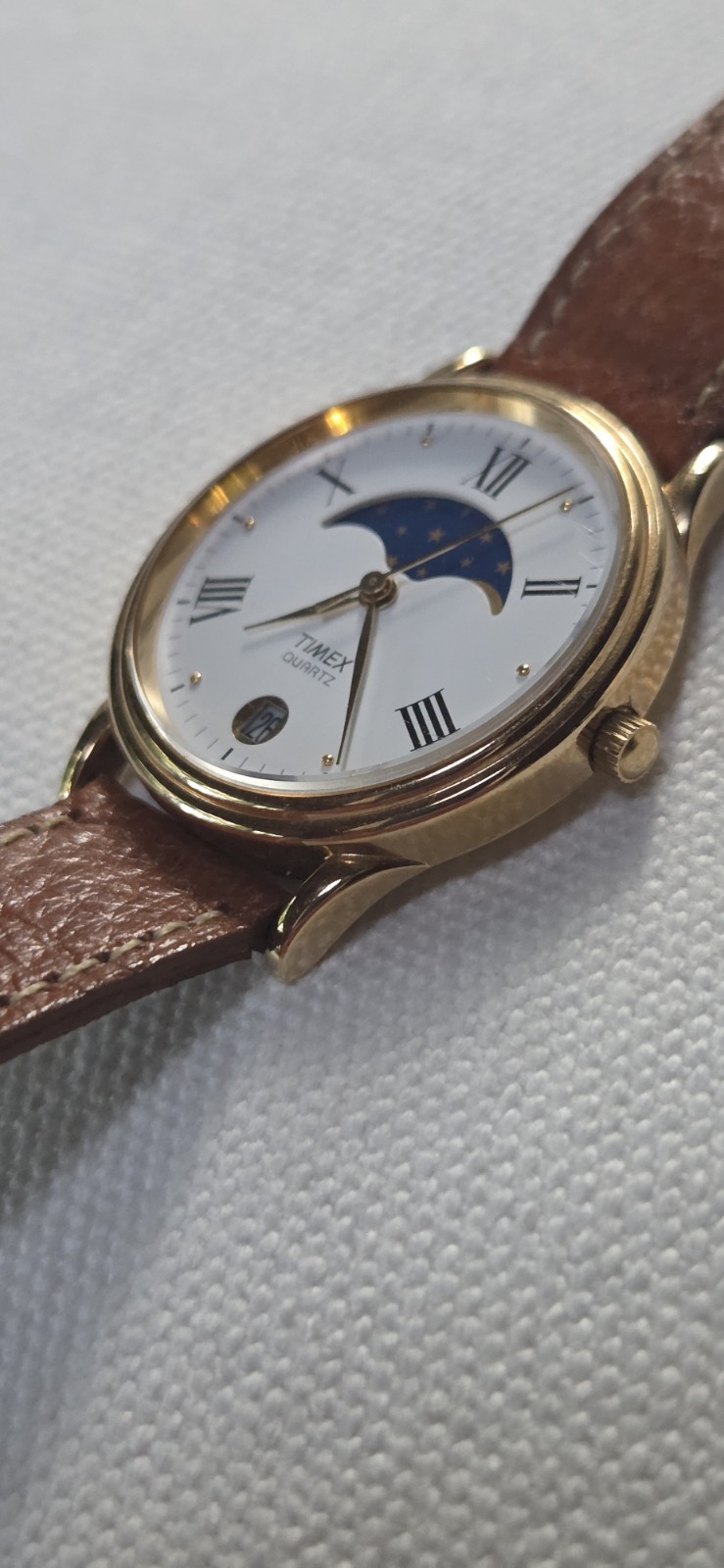 Vtg Timex Moon Phase Date Watch Unisex Gold Tone New Tan Leather Band Men’s
