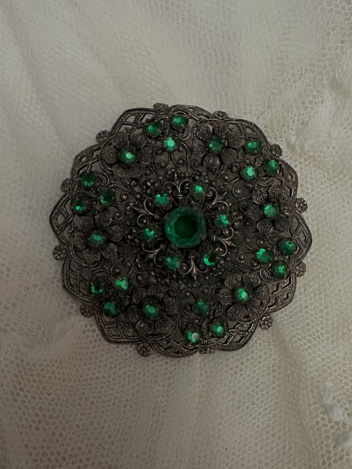 Antique 1910s Edwardian Czech Green Glass Brooch Pin Bohemian Czechoslovakia