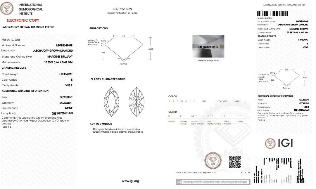 1.10 CT Marquise E VVS2 IGI Certified Loose Diamond Lab Grown CVD