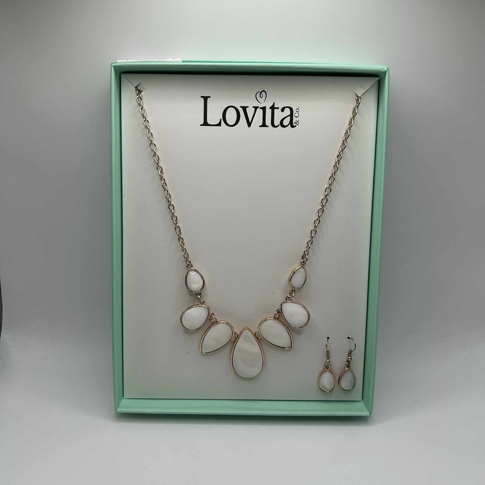 Lovita & Co. Gold Color Multi White Stone Pendant Necklace & Dangly Earring Set