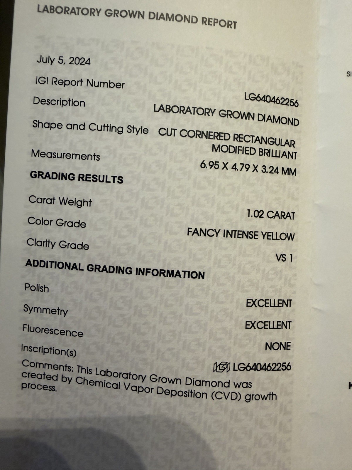 1.02 Carat IGI Certified Vs1 Fancy Intense Yellow Radiant Lab Grown Diamond