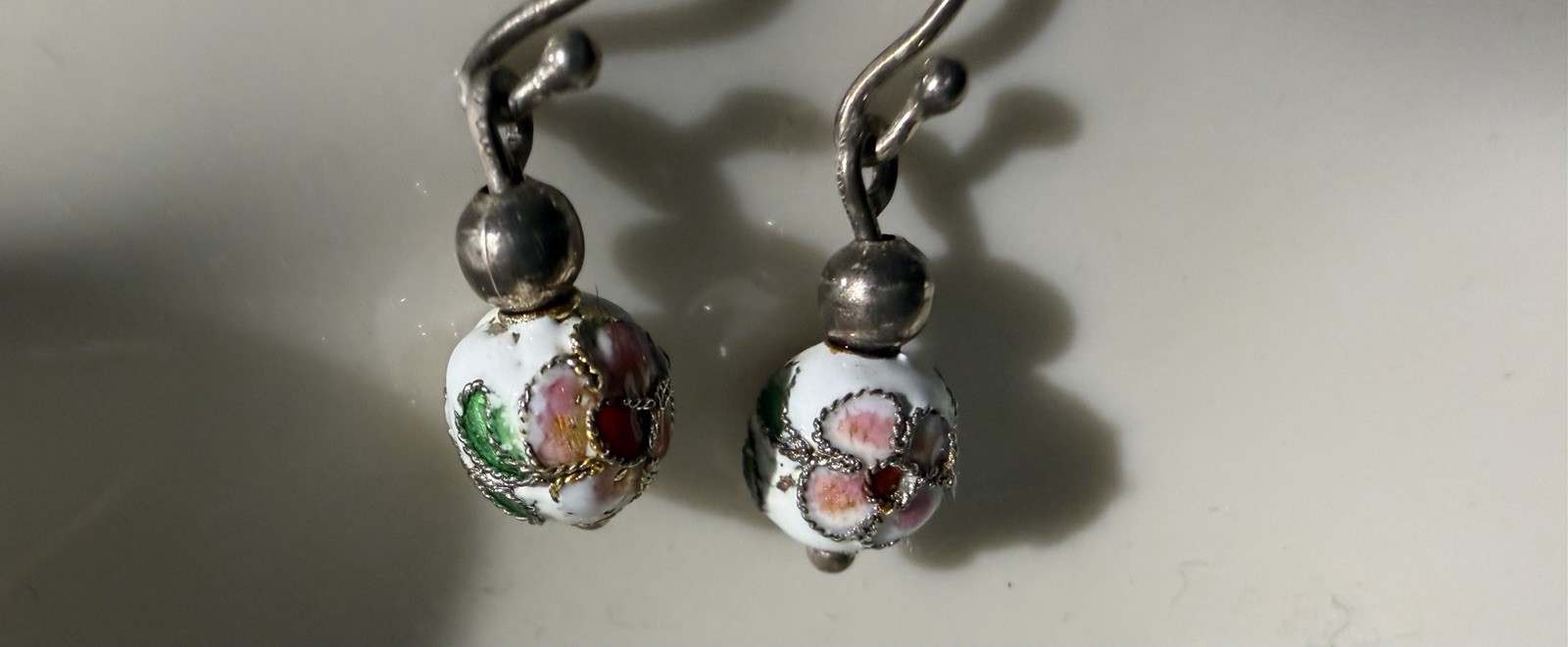 Dainty Vintage Cloisonné Bead Earrings Dangle, Pierced Ears, Classic Jewelry