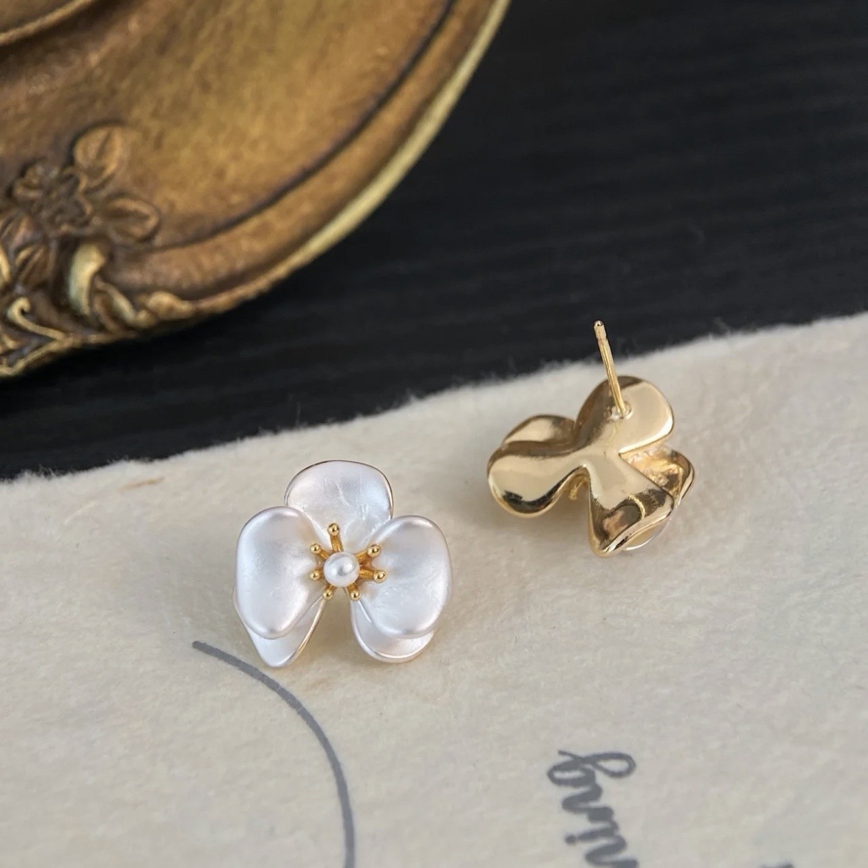 14K Gold Plated Flower Pearl Stud Earrings Copper 15mm Butterfly Back