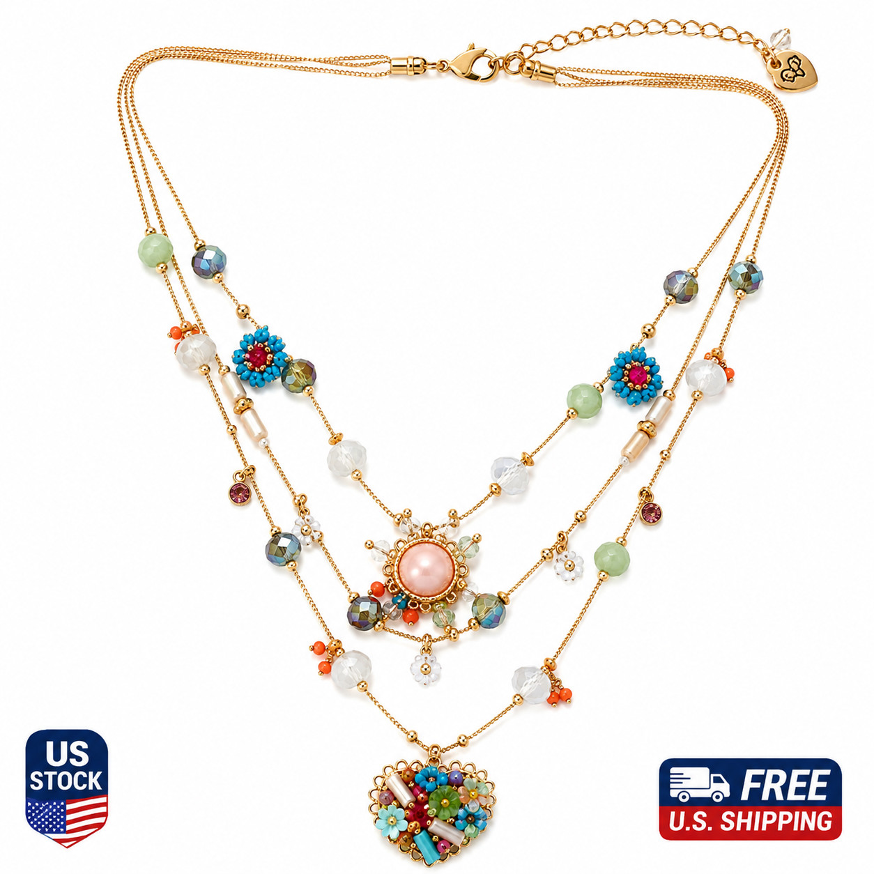 Women’s Butterfly Heart Layered Necklace Adjustable Chain Boho Gold Tone
