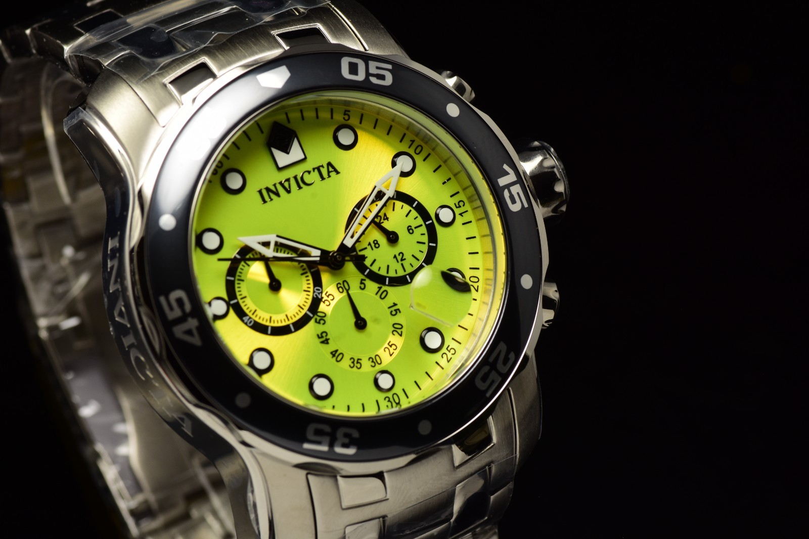 NEW Invicta Men’s 48mm Pro Diver SCUBA Chronograph YELLOW DIAL Silver Tone Watch