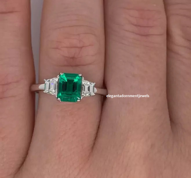 Sparkle Green Emerald Cut Simulated Emerald & Moissanite 10K White Gold Ring