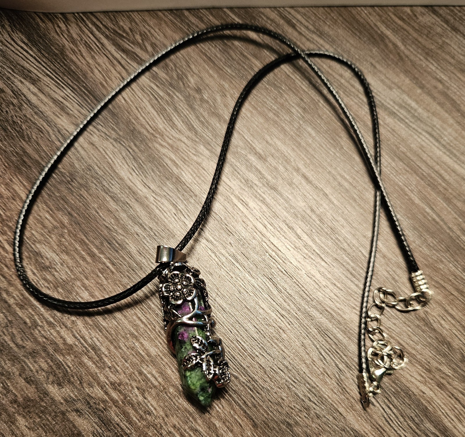 Ruby Zoisite Pendant Necklace Beautiful Silver Colored Wrapping Black Cord 18″