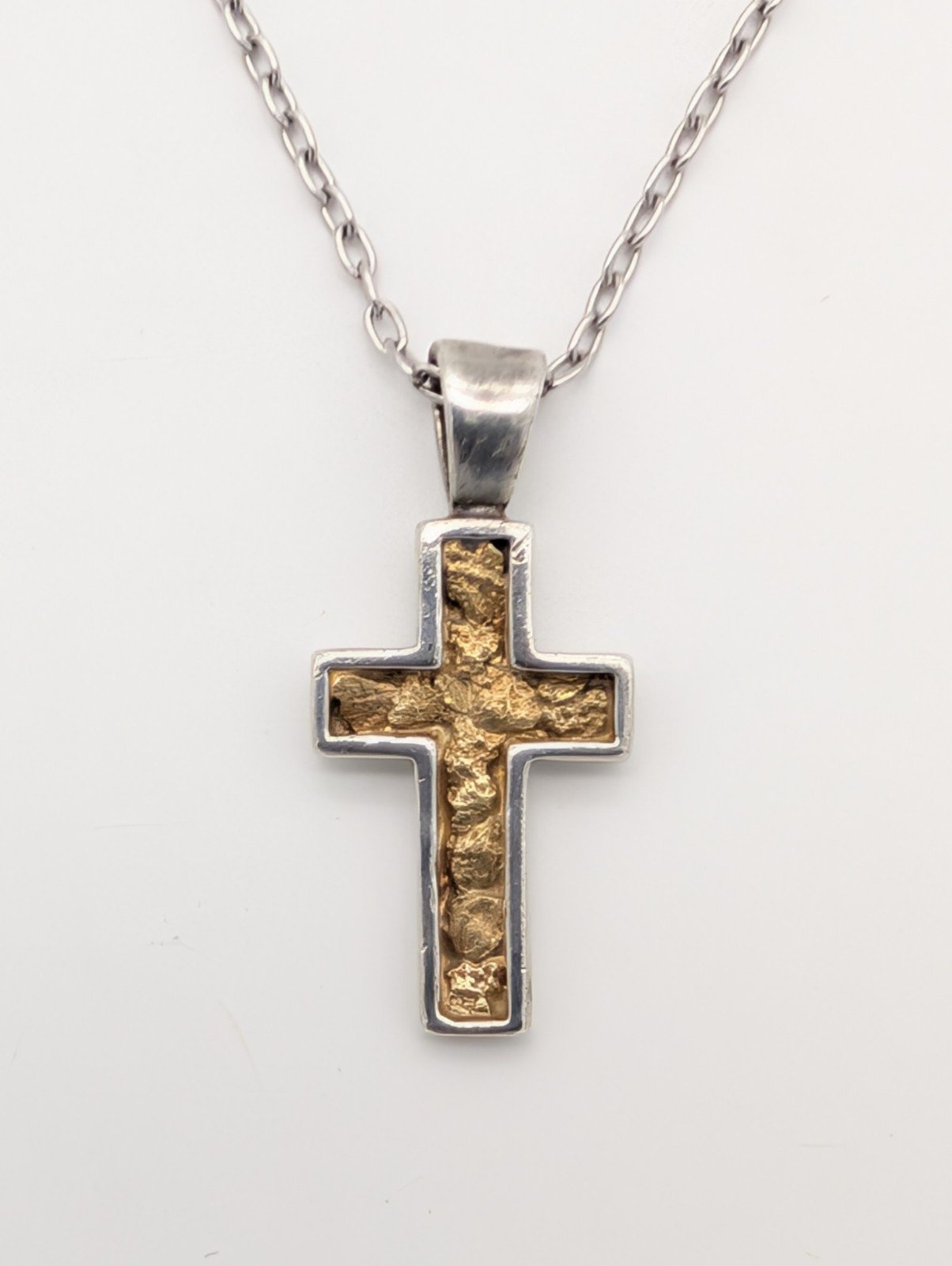 Vintage Inlaid Gold Nugget Sterling Silver Cross Necklace Handmade 18″