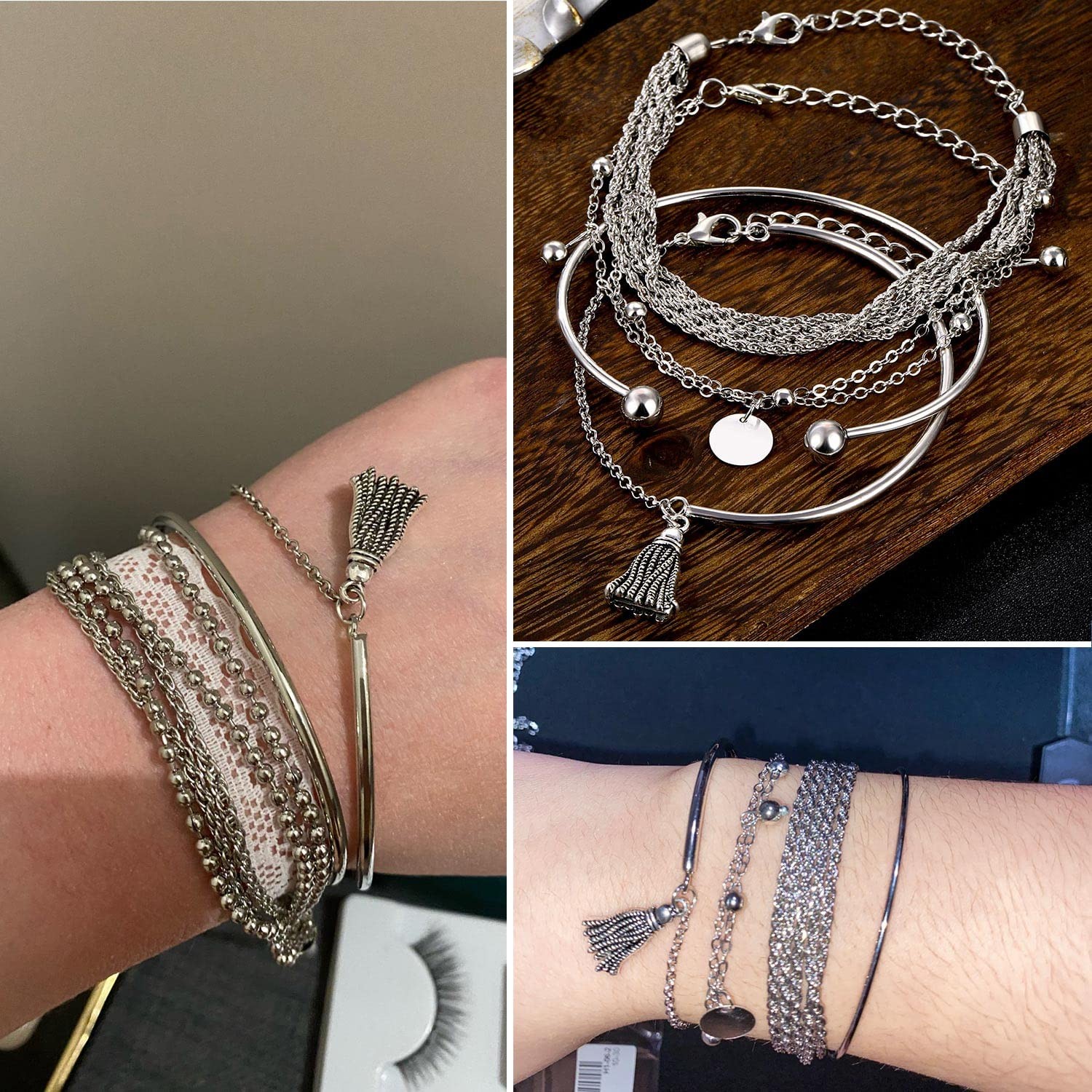 17IF 18 Pcs (6 Pack) Silver Bracelets Set for Women Boho Large,