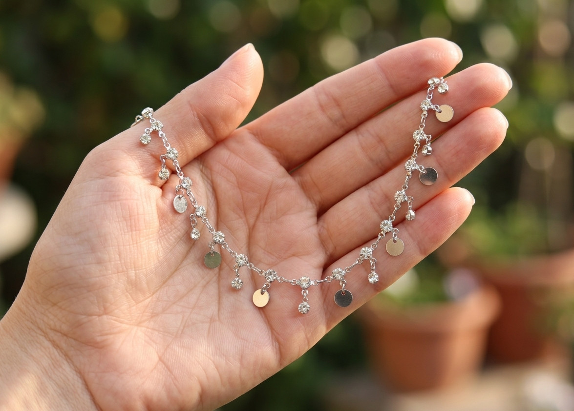 Elegant Silver Tone CZ Disc Bracelet Minimalist Bohemian Adjustable Chain Jewel