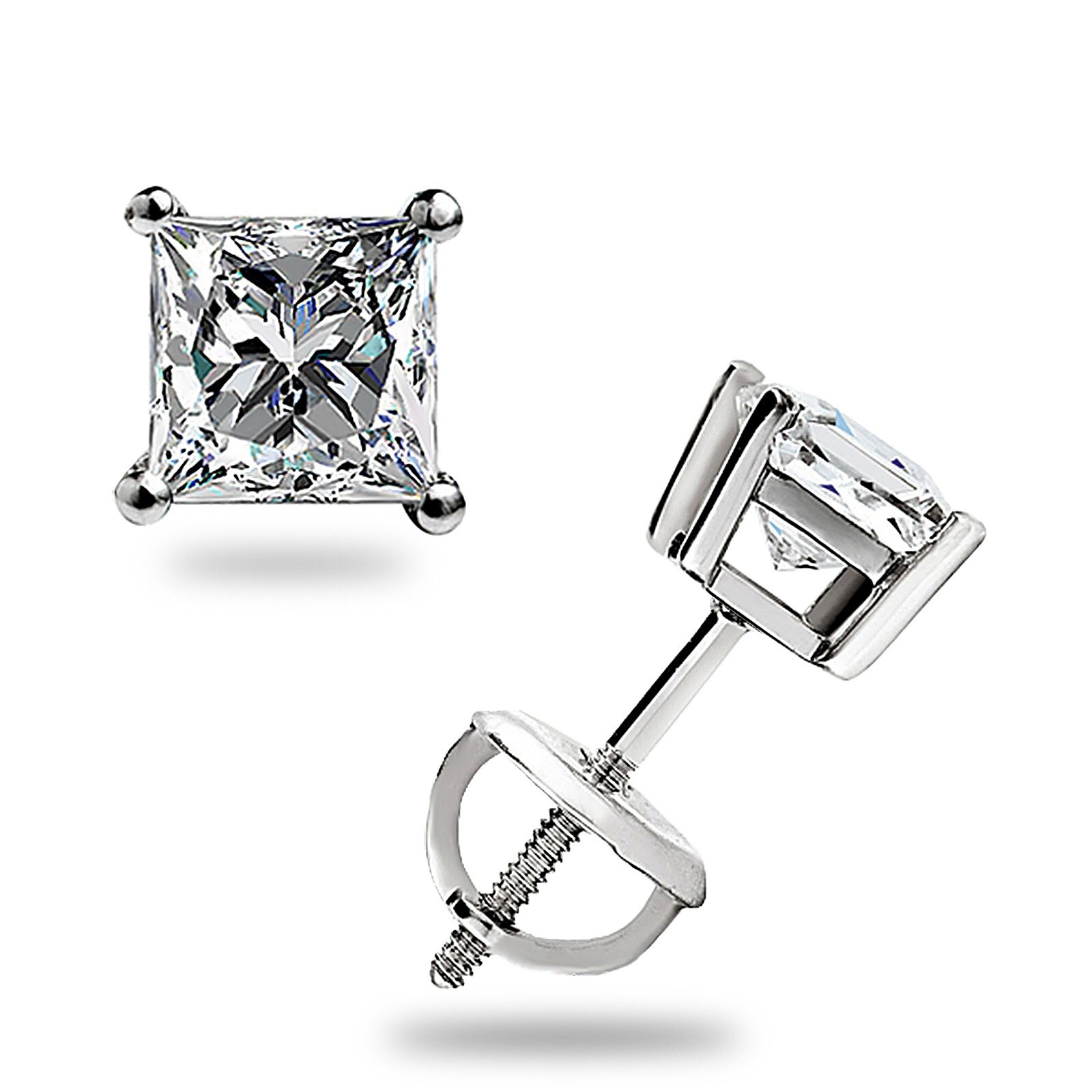 1.0 Ct Princess Cut GRA MOISSANITE Stud Earrings 14K White Gold Screw back Gift