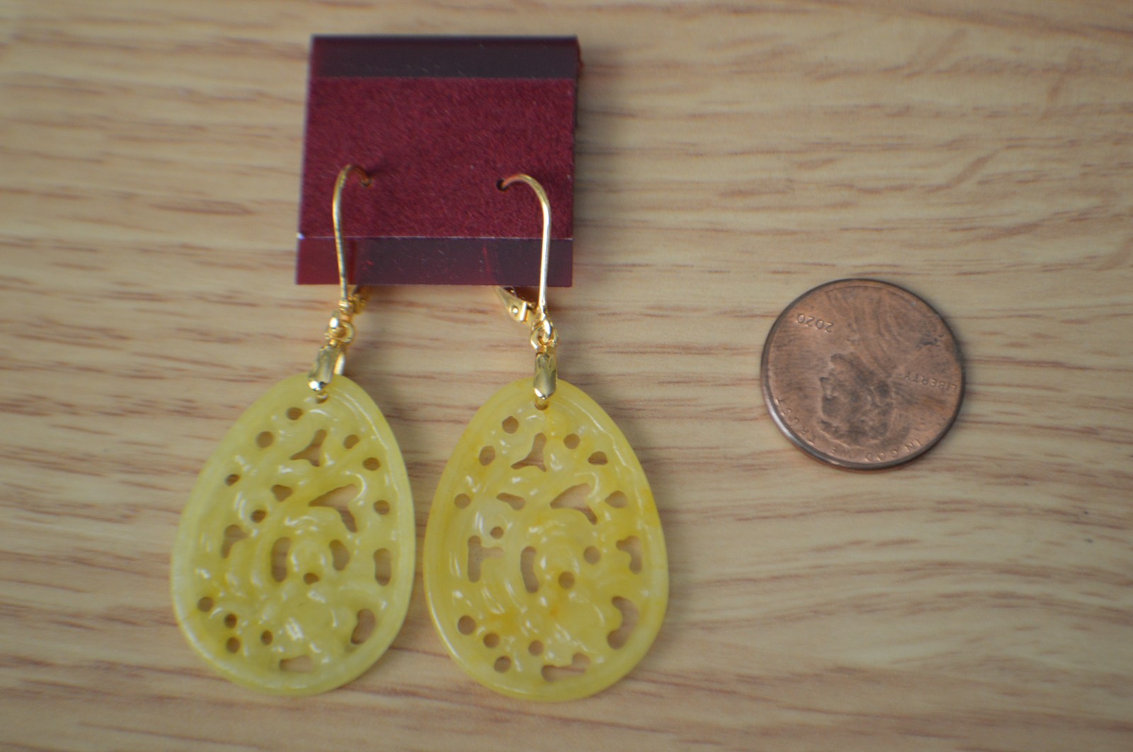 24.00ct Carved Yellow Jade Earrings 14k Rose Gold Plated over Sterling Silver