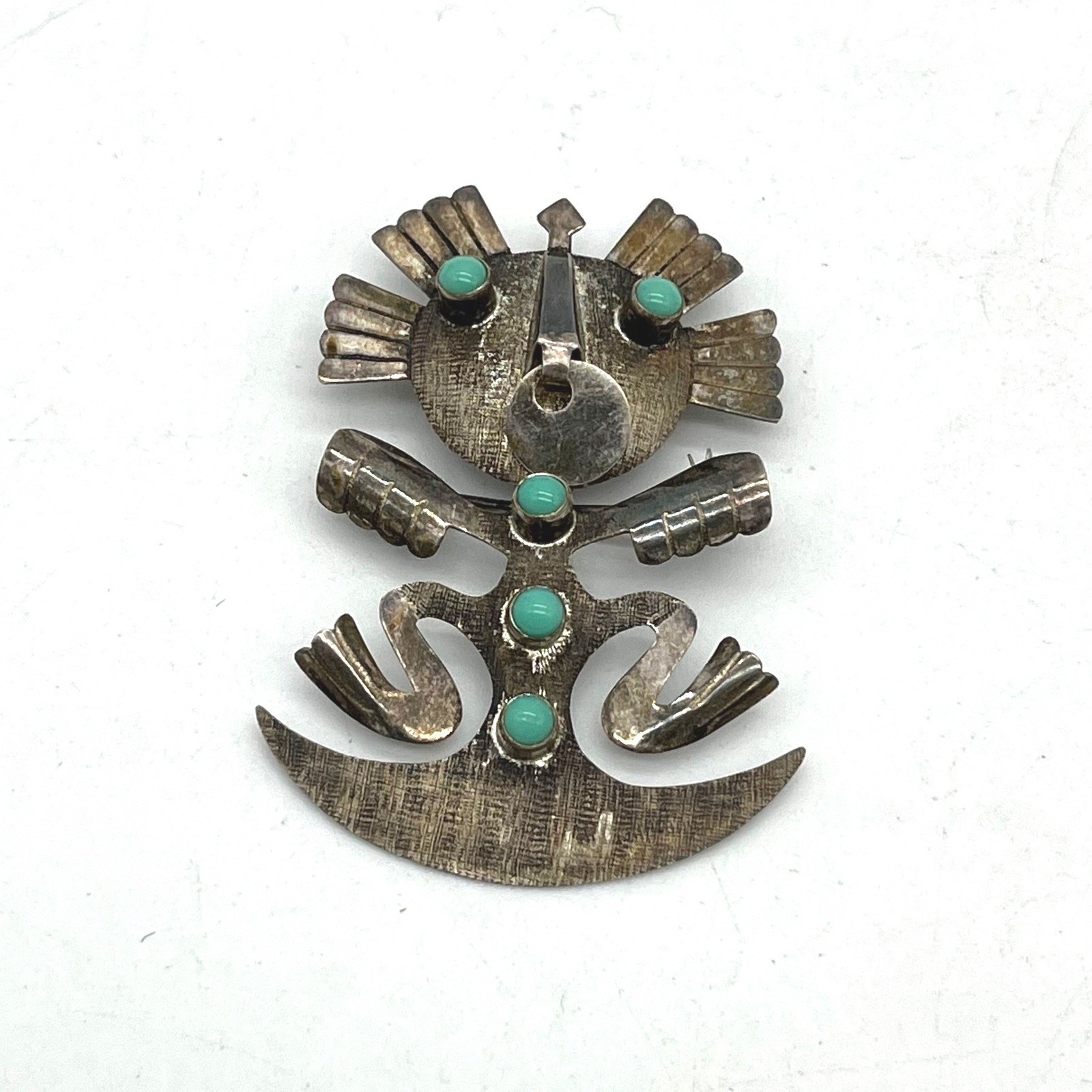 Vintage Ecuador 900 Silver Turquoise Pre-Columbian Deity Brooch Pendant 2.25″