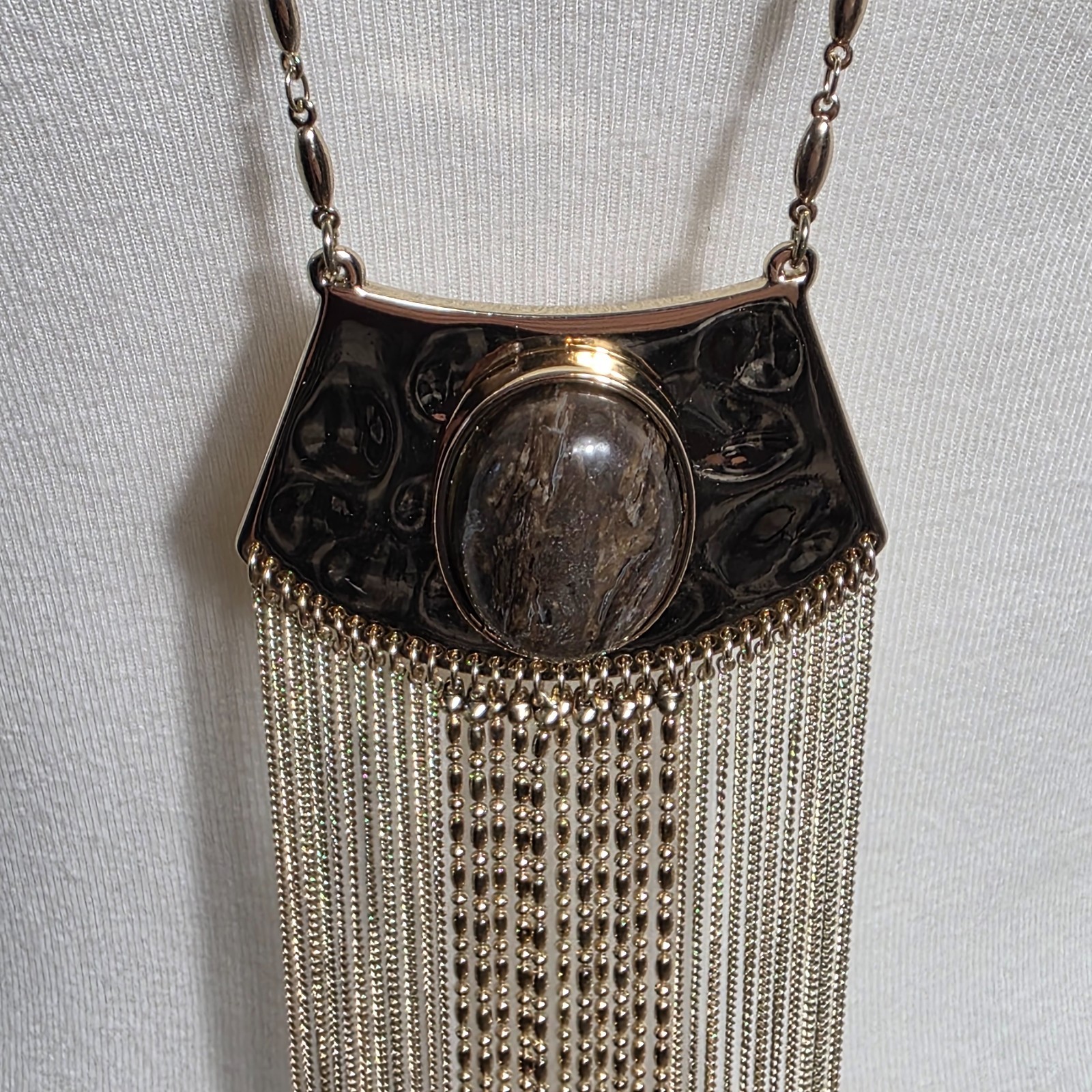 White House Black Market Necklace Shield Shaped Pendant Metal Fringe Tassel