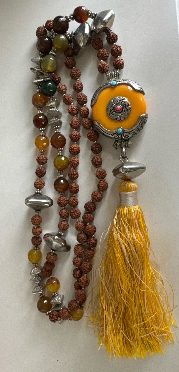 Nepali Rudraksha Rudraksh Agate Necklace w Silver Beads Amulet & Yellow Tassel