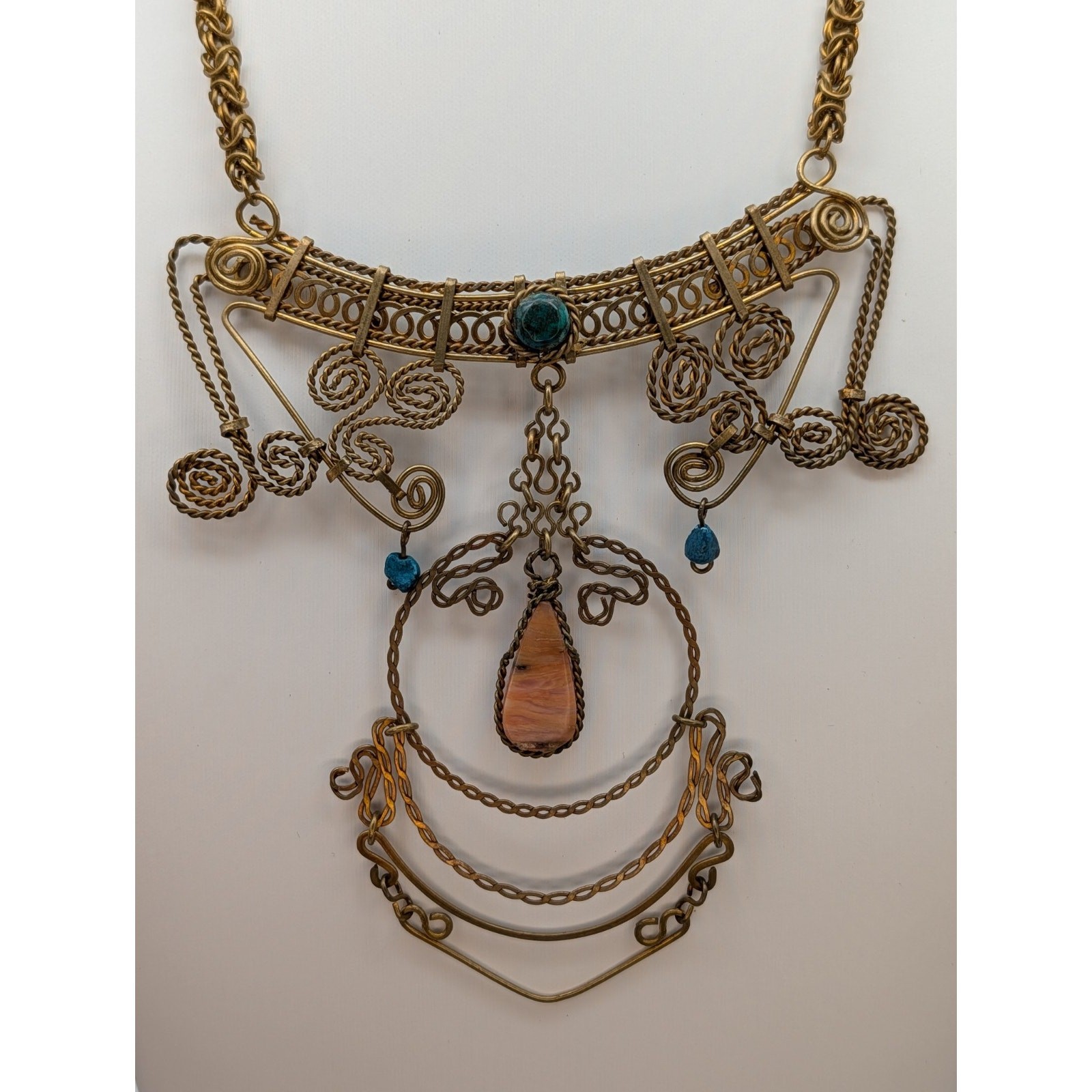 Vtg Handmade Intricate Brass Wire Twisted Filigree Necklace Natural Stone Accent