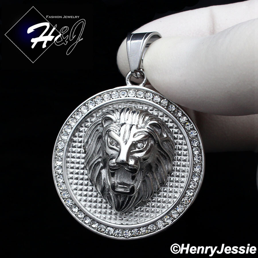 20″MEN Stainless Steel 4mm Silver Box Link Chain BLING CZ 3D LION Pendant*109