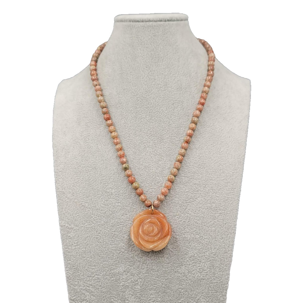 Stone Carved Rose Necklace Green Orange Bead 20″ adj