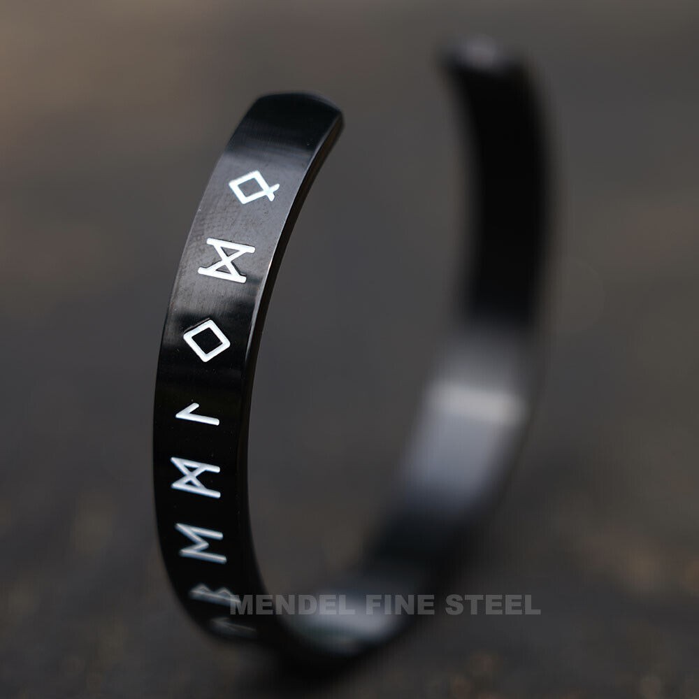 MENDEL Mens Nordic Norse Viking Black Stainless Steel Rune Cuff Bracelet Bangle