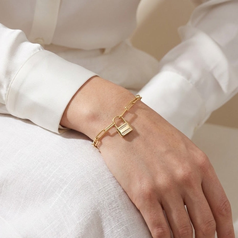 CZ Lock Charm Paperclip Chain Bracelet 14K Gold Plated 925 Silver 6.5-7.5in