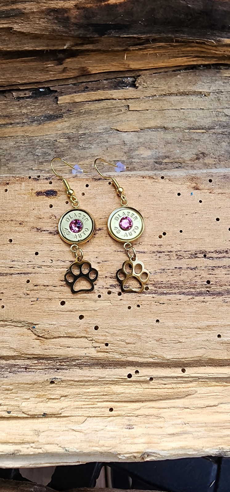 Gold Stainless Steel Dangle Bullet Earrings with Paw Charms. Optional Color