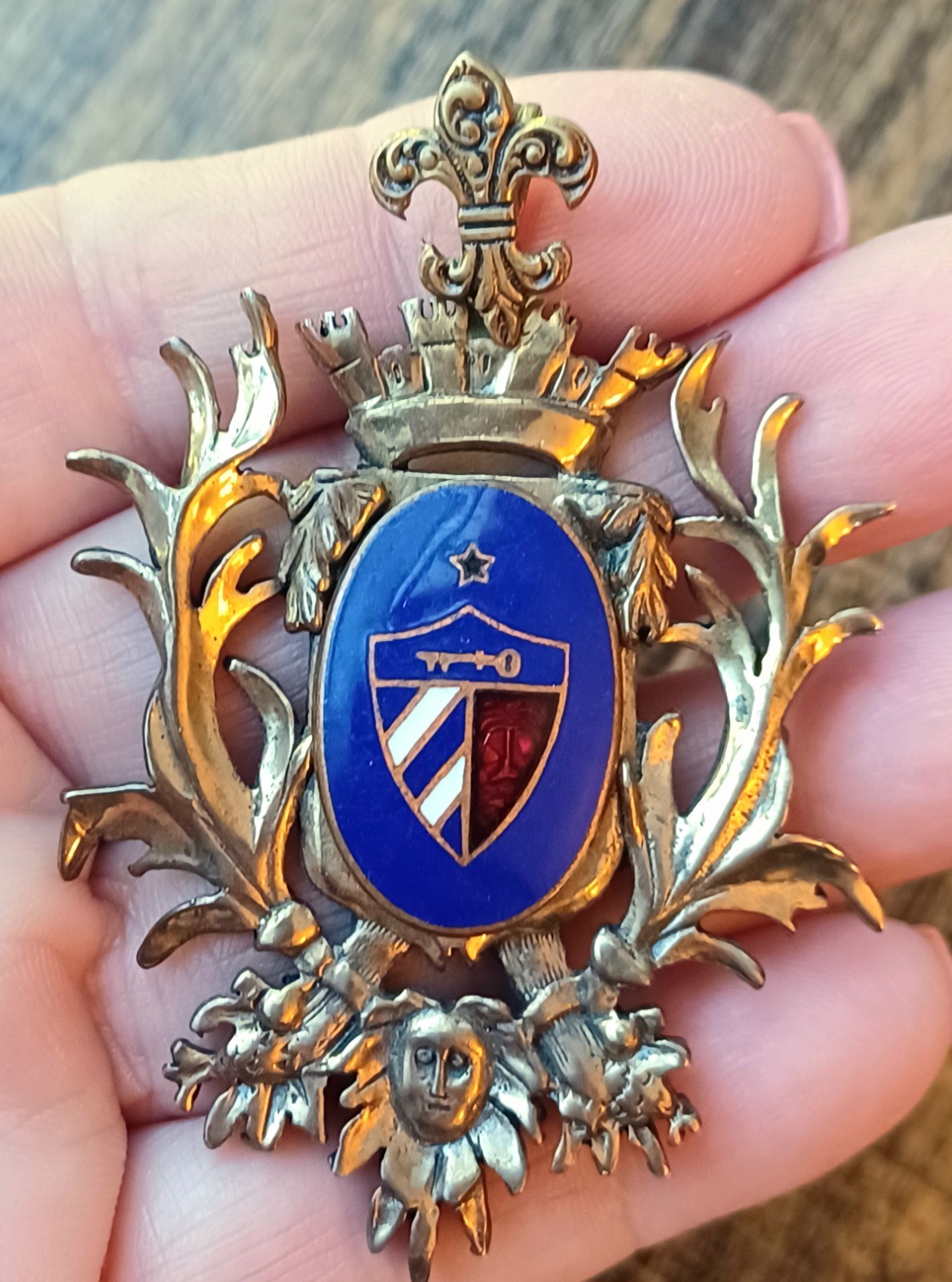 Vintage 60’s Floral Enamel Coat of Arms Brass Pendant