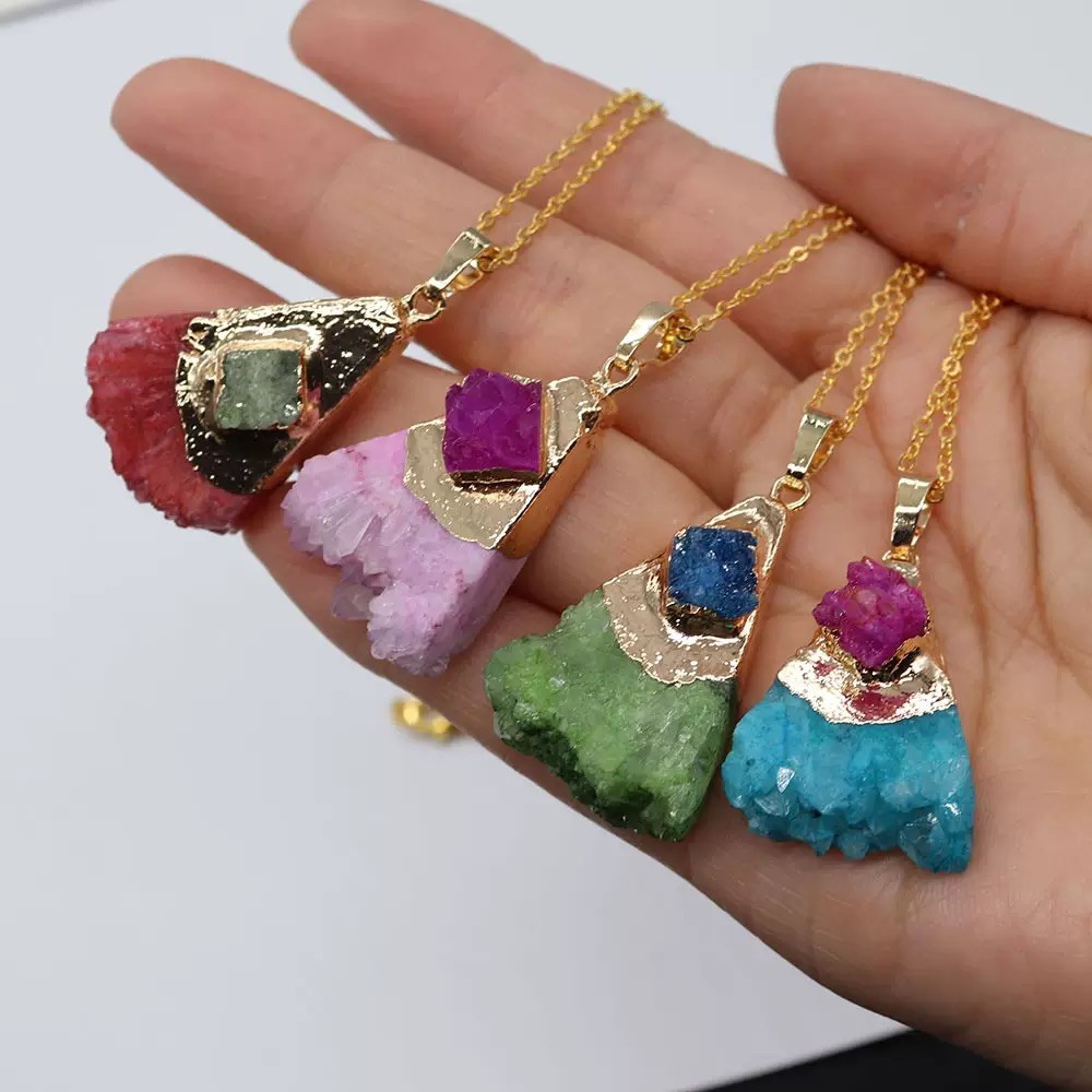Colorful Natural Stone Triangle Pendant Charm Irregular Slice No Chain