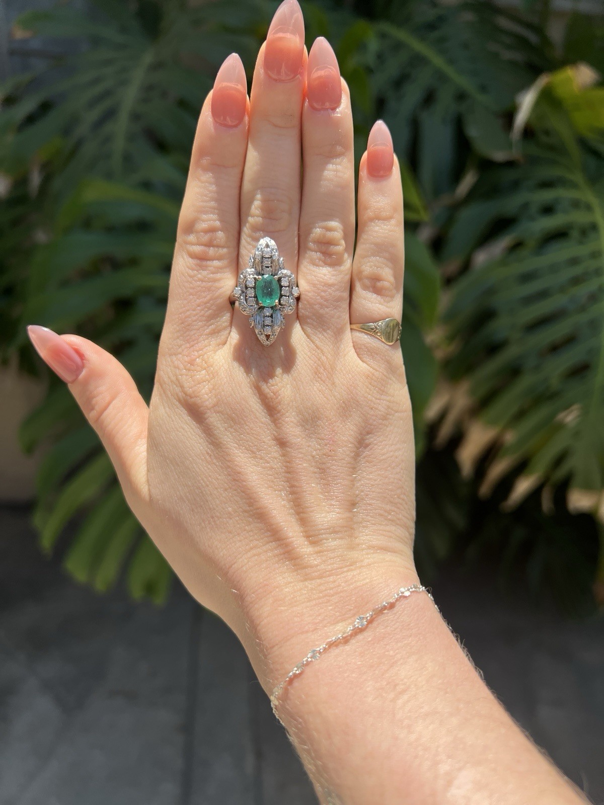 STUNNING 1ct EMERALD ring 14k white gold MANY diamonds MAY birthday ART DECO