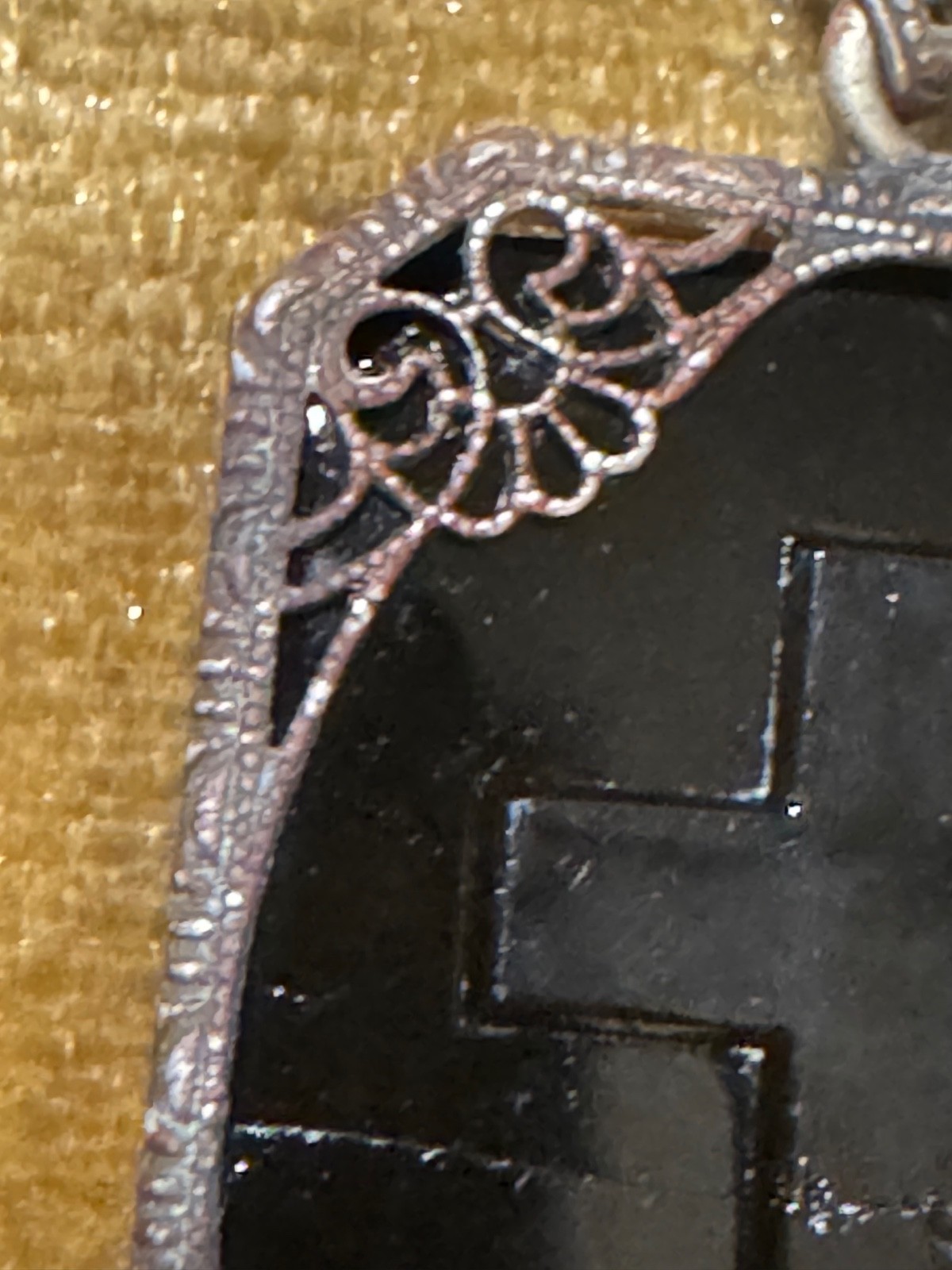 Antique Ornate Border with Black Onyx Mourning Pendant Etched Cross & Star Prism