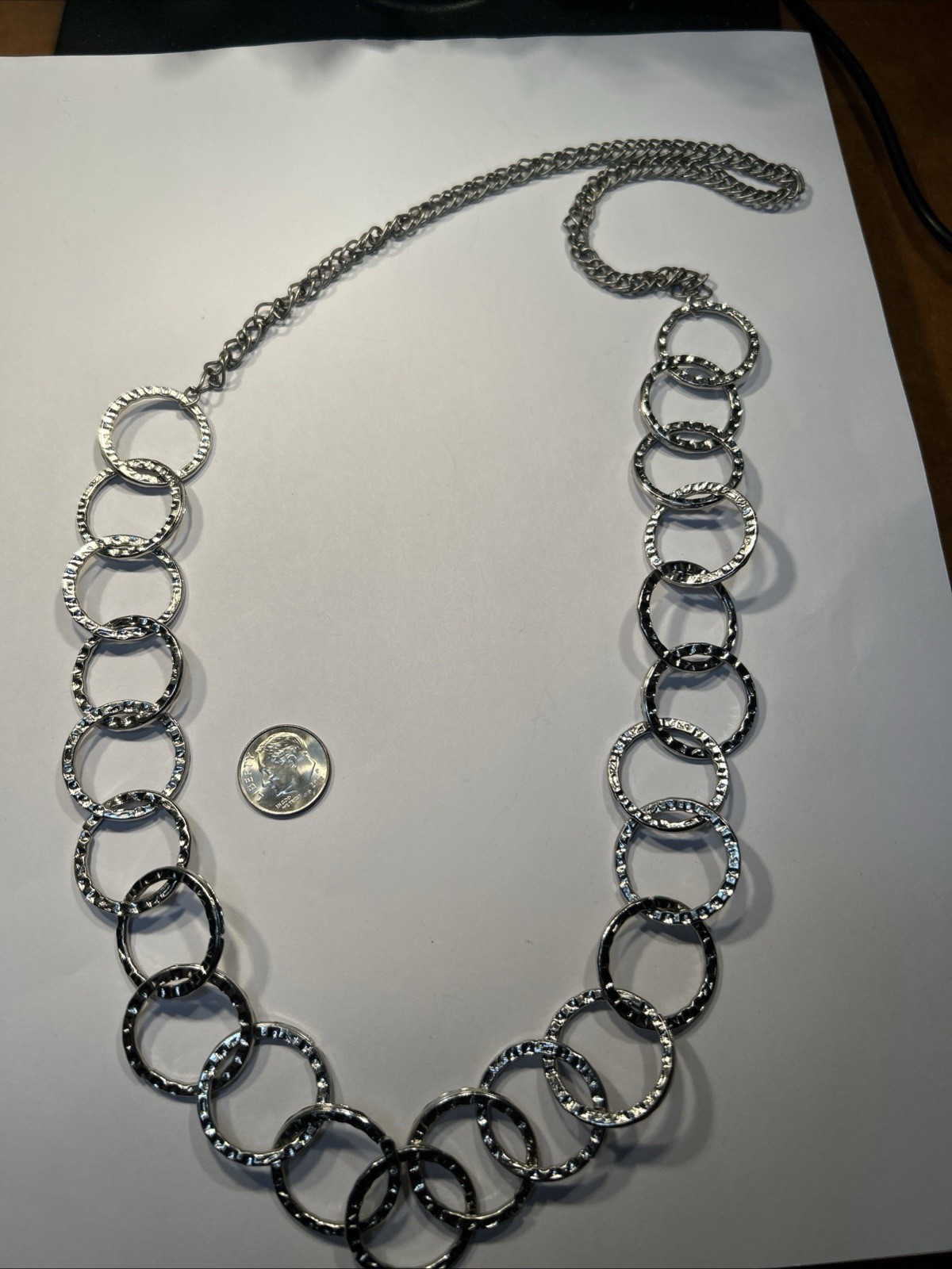 Women’s Silver Hoop Chains Necklace 28” Loops Circles Overhead No Clasp Wear NEW