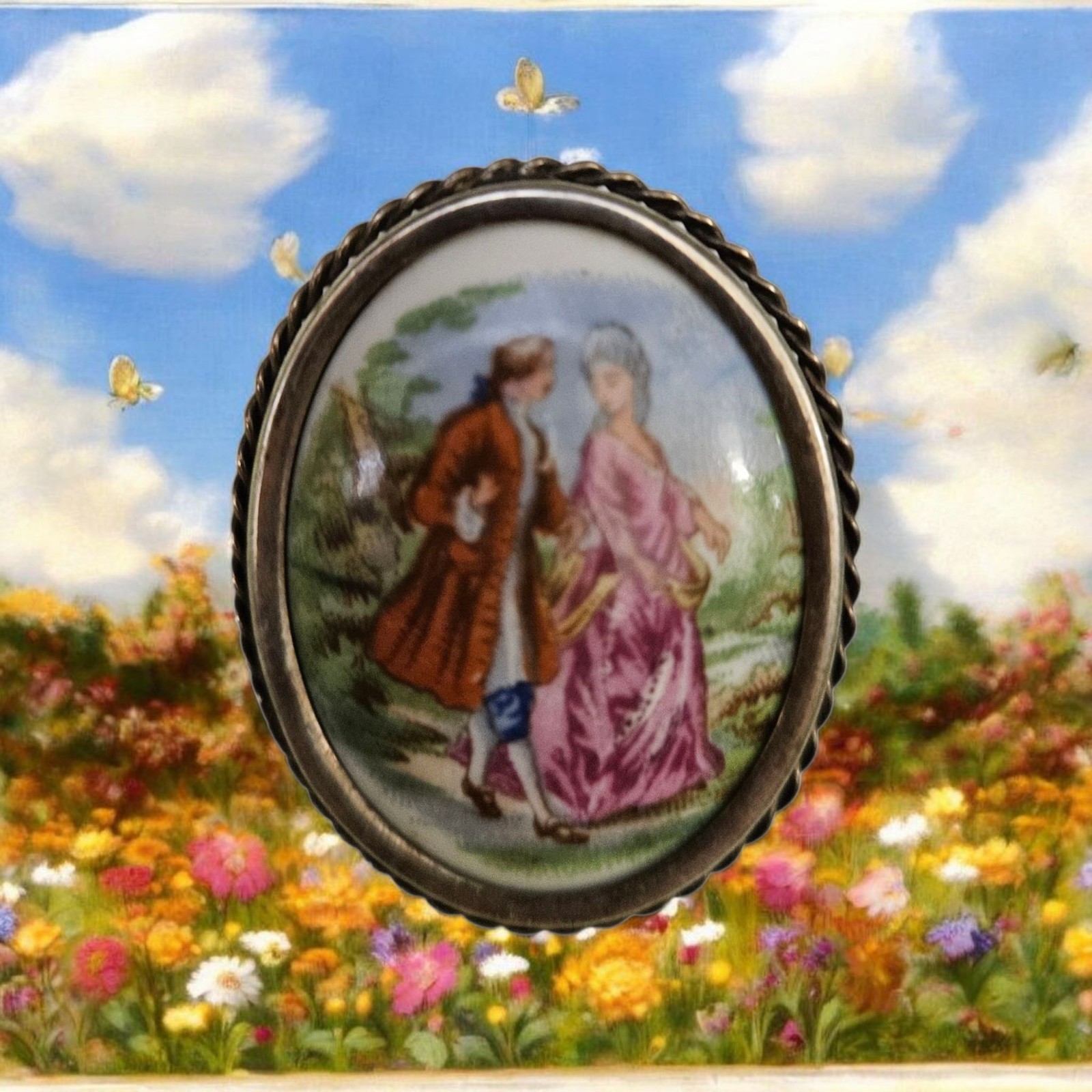 Limoges Brooch Courting Couple Porcelain Fragonard Vintage Pin, 1 5/8 Inches!!