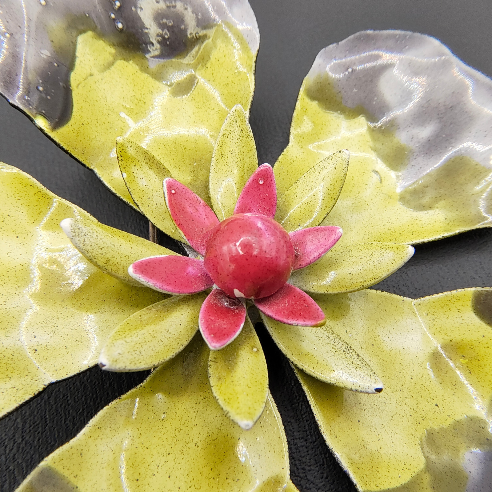 Vintage Hibiscus Flower Brooch Pin Enamel Black Gray Yellow Red 1960s-1970s MCM