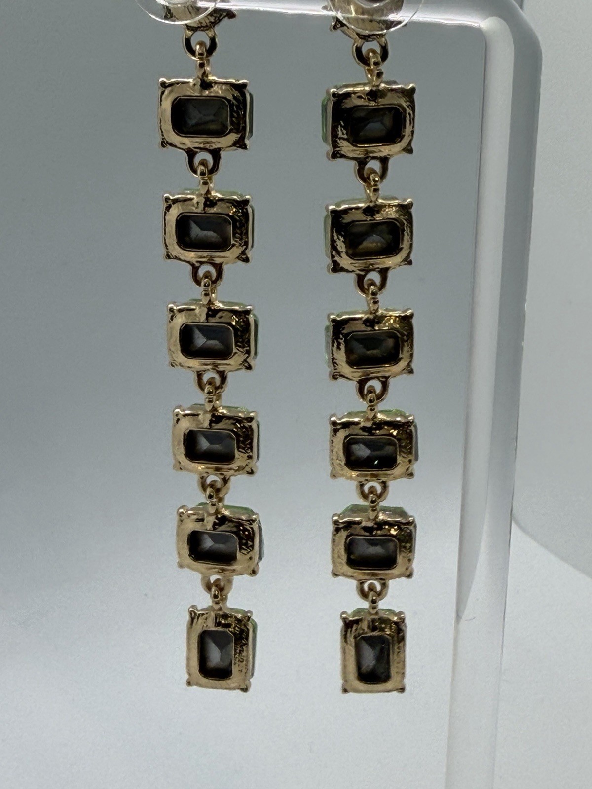 Green Crystal Rectangle Dangle Drop Earrings Gold Tone Prong Set 3.75 in