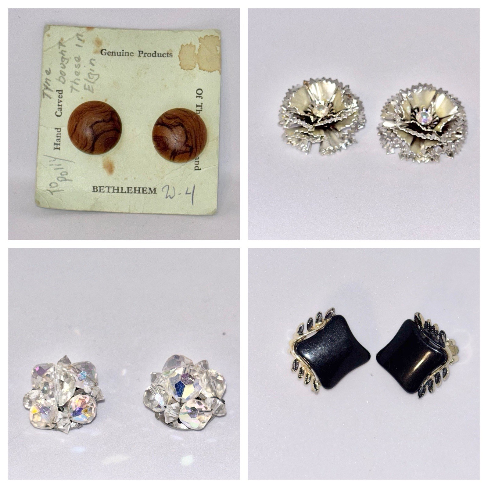 Vintage Clip-On Earrings, Costume Jewelry From the 1940s-1970s Set Of 4 Pairs